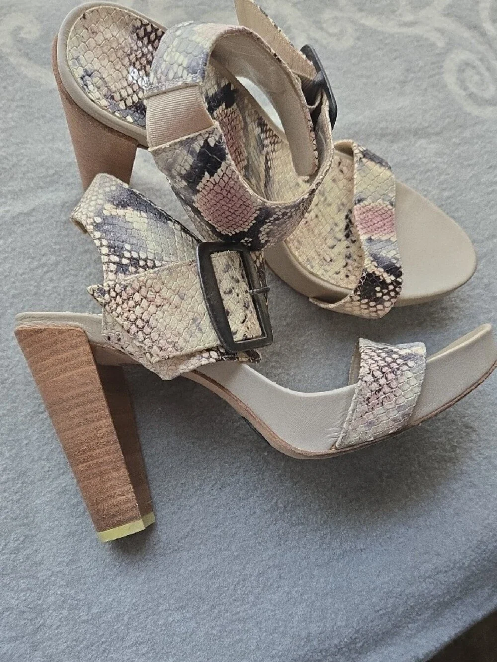 RIGHT Bank Shoe Co. Wedge Sandals in Snake-Print Beige and Pink